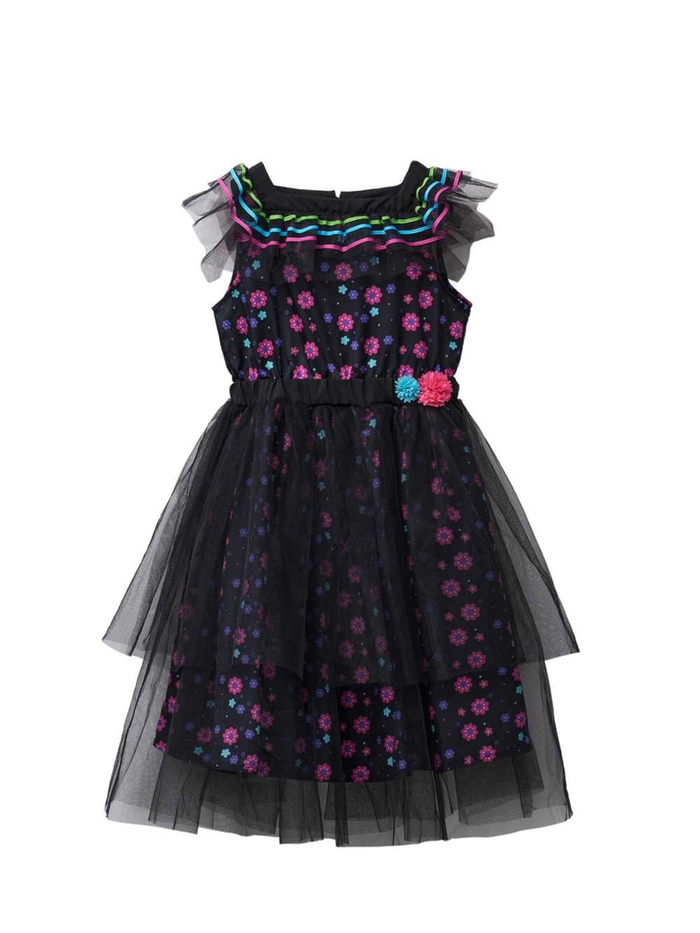 Girls' Black Floral Tulle Costume Dress with Neon Accents